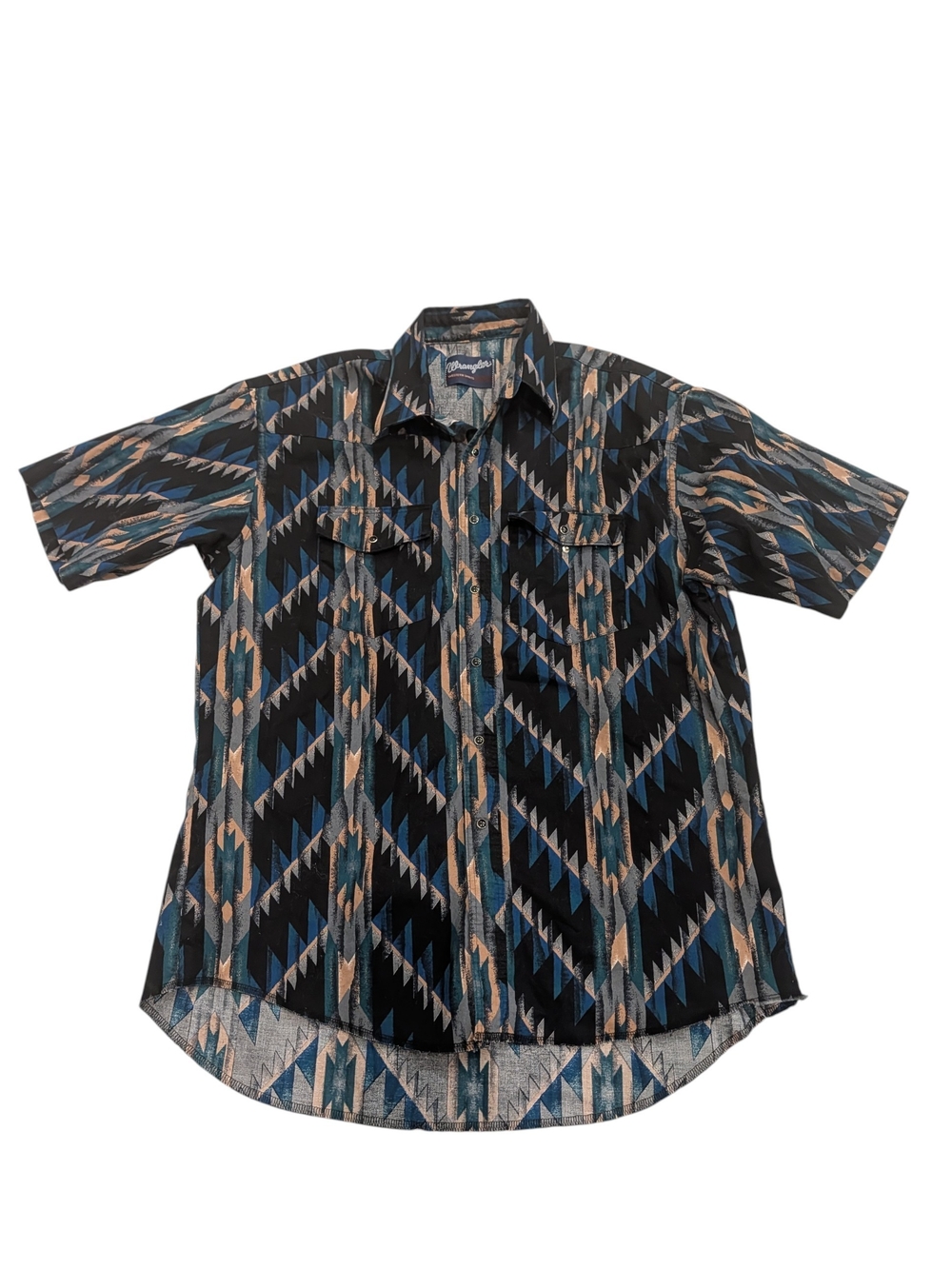 Wrangler Black, Blue & Tan Geometric Short Sleeve Western Shirt Aztec Southweste